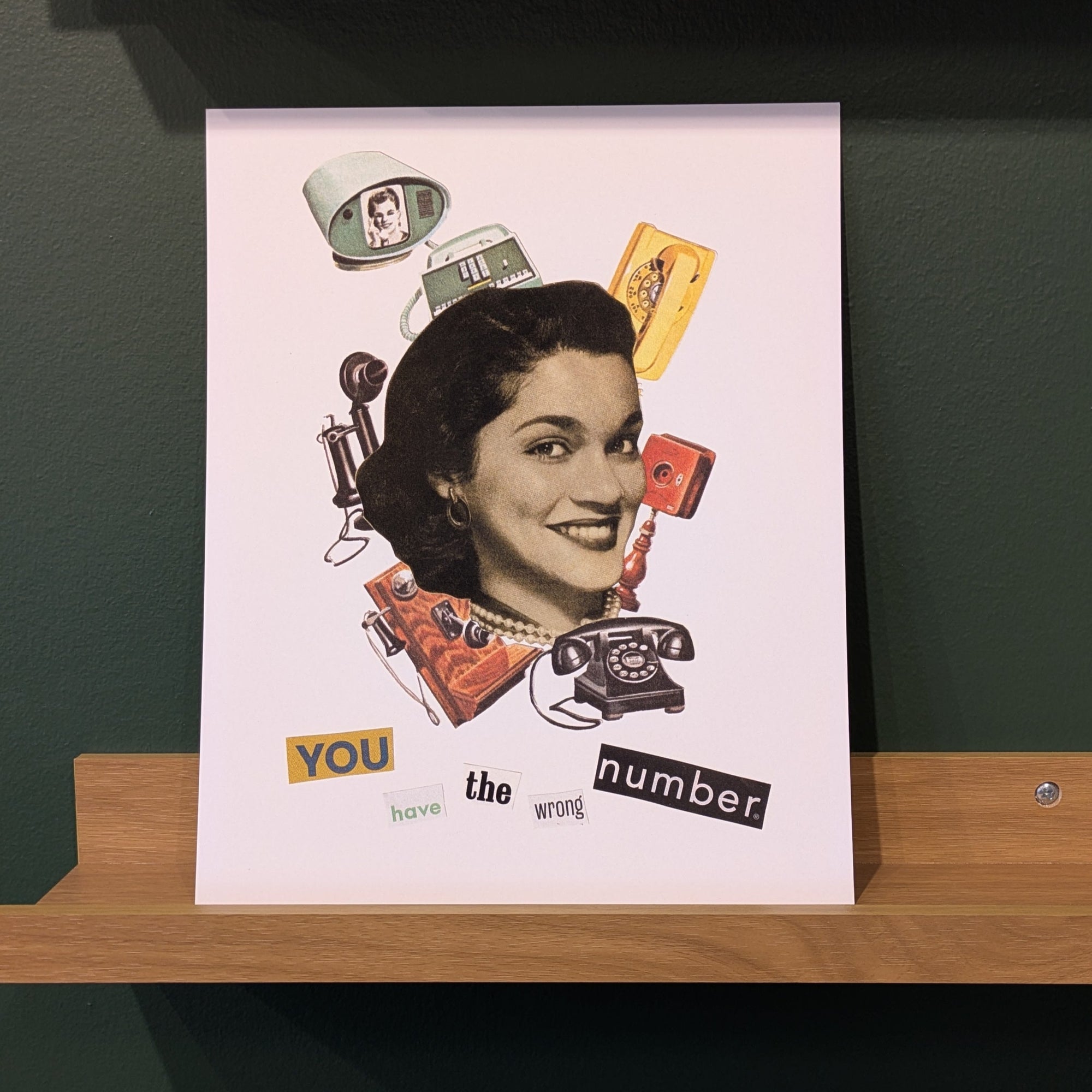 Collage-style poster with a woman's face and various objects on a shelf.