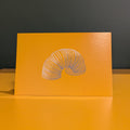 yellow postcard with a slinky illustration design on a yellow surface against a dark background